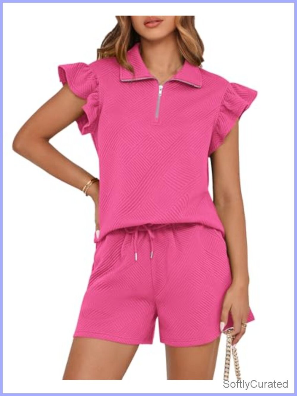 2 Piece Outfits Spring Sweatsuit Zipper V Neck Ruffle Cap Sleeve Top Drawstring